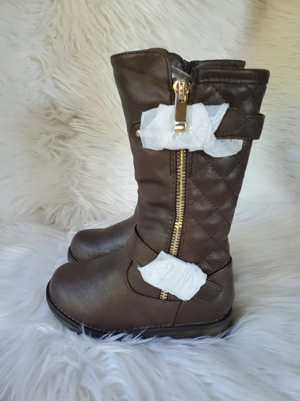 Dream Paris Brown Girl's Mid Calf Quilted Side Panel Buckle Straps Boots SZ 10